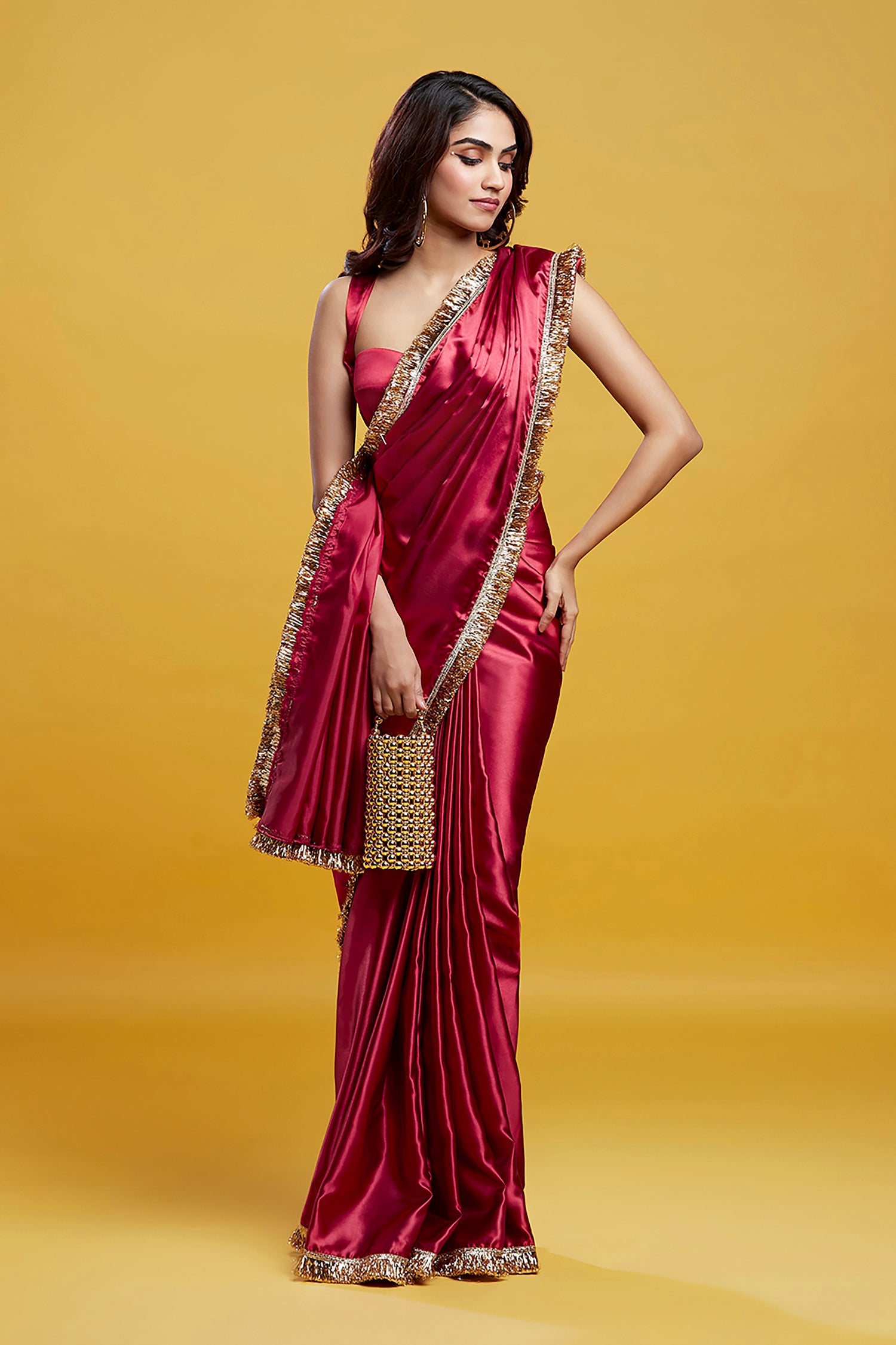 Red Satin Embroidered Saree Set