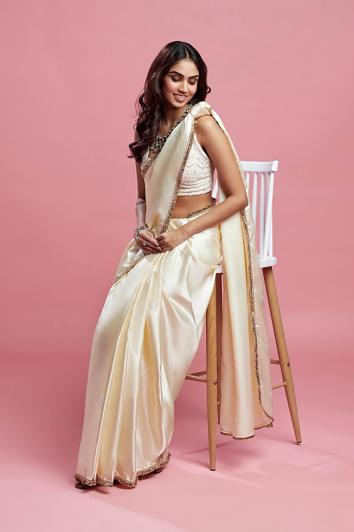 Ivory Satin Embroidered Saree Set