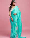Turquoise Satin Crystal & Boota Embroidered Saree Set