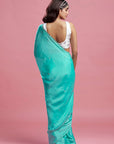 Turquoise Satin Crystal & Boota Embroidered Saree Set