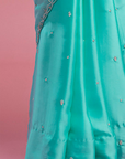 Turquoise Satin Crystal & Boota Embroidered Saree Set