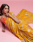 Mustard Georgette & Recycled Polyester Barfi Saree Set