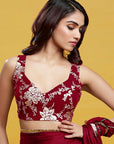 Maroon Satin Georgette Pre-Draped Saree Set