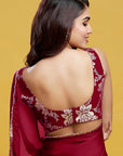 Maroon Satin Georgette Gota Fringe Border Saree Set