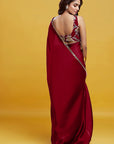 Maroon Satin Georgette Pre-Draped Saree Set