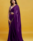 Purple Satin Georgette Pre-Draped Saree Set