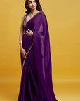 Purple Satin Georgette Gota Fringe Border Saree Set
