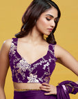 Purple Satin Georgette Pre-Draped Saree Set