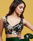 Emerald Green Satin Georgette Pre-Draped Saree Set