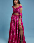 Hot Pink Recycled Polyester Foil Printed Lehenga Set