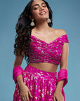 Hot Pink Recycled Polyester Foil Printed Lehenga Set