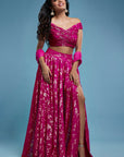 Hot Pink Recycled Polyester Foil Printed Lehenga Set