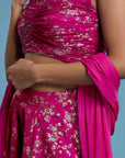 Hot Pink Recycled Polyester Foil Printed Lehenga Set