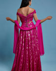 Hot Pink Recycled Polyester Foil Printed Lehenga Set