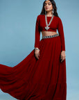 Maroon Recycled Polyester & Georgette Tiered Lehenga Set