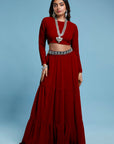 Maroon Recycled Polyester & Georgette Tiered Lehenga Set