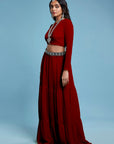 Maroon Recycled Polyester & Georgette Tiered Lehenga Set