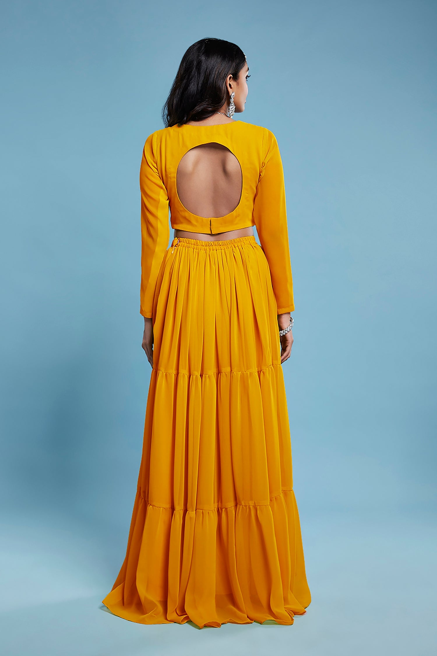 Mustard Recycled Polyester & Georgette Tiered Lehenga Set