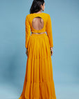 Mustard Recycled Polyester & Georgette Tiered Lehenga Set