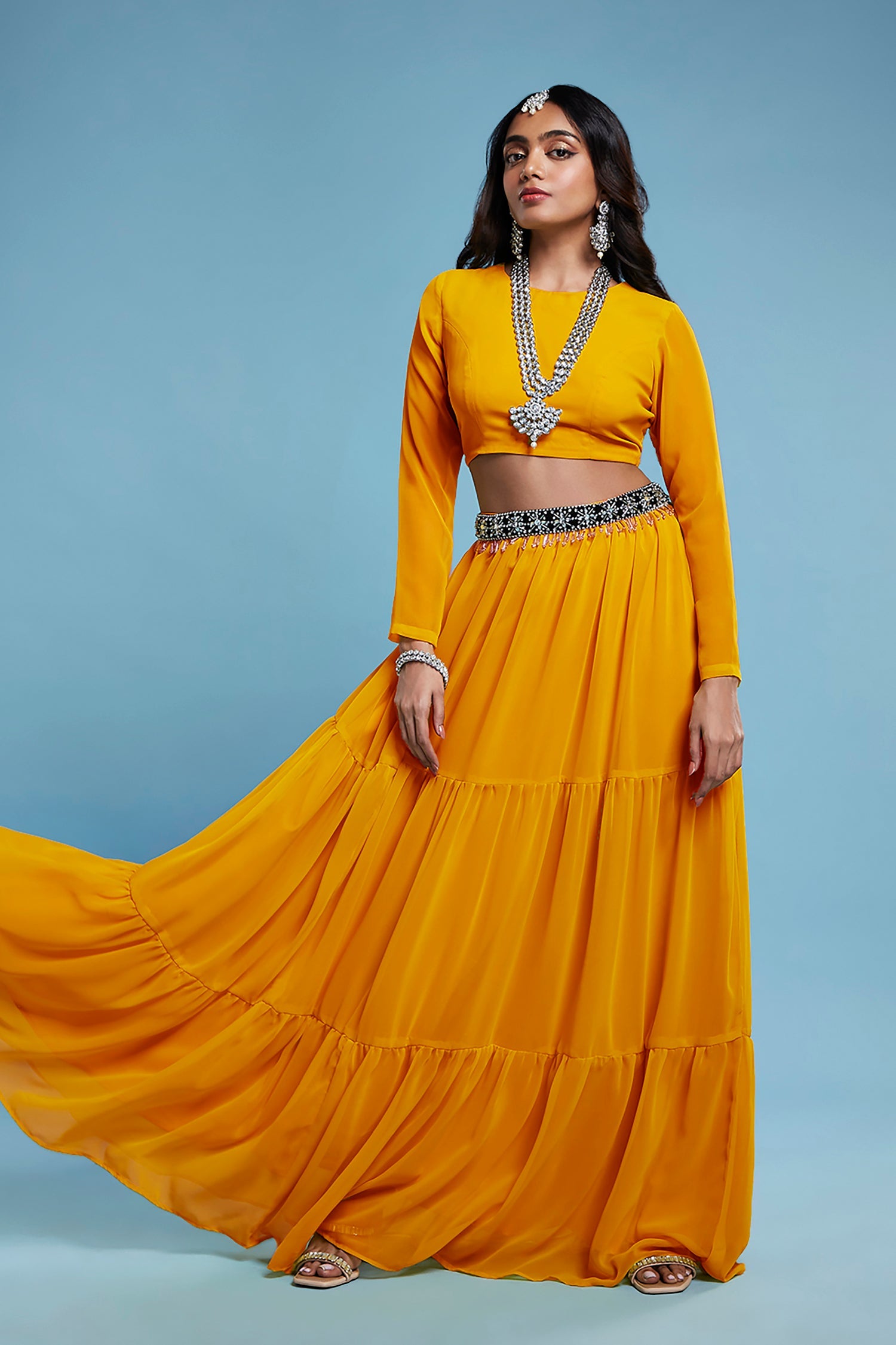 Mustard Recycled Polyester & Georgette Tiered Lehenga Set