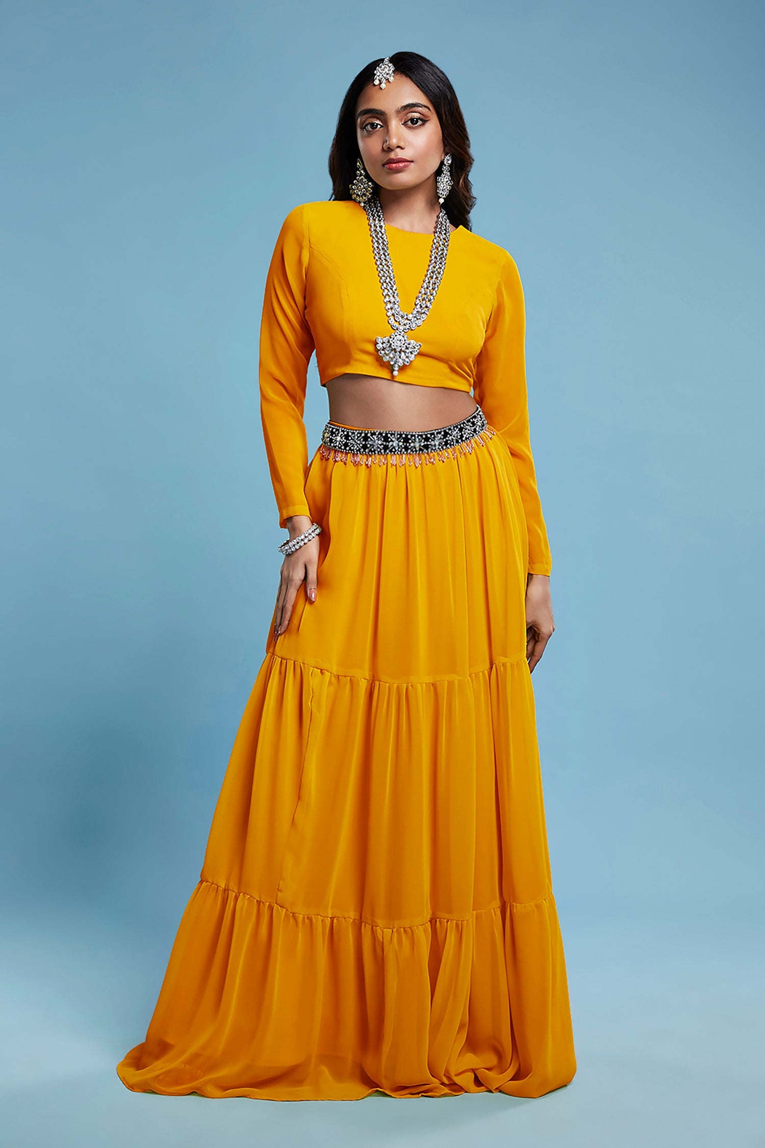 Mustard Recycled Polyester & Georgette Tiered Lehenga Set