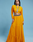 Mustard Recycled Polyester & Georgette Tiered Lehenga Set