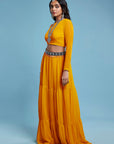 Mustard Recycled Polyester & Georgette Tiered Lehenga Set