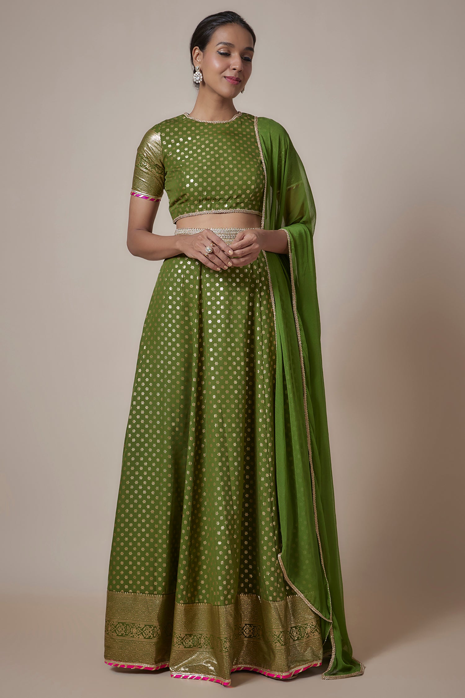 Olive Recycled Polyester Metallic Embroidered Lehenga Set