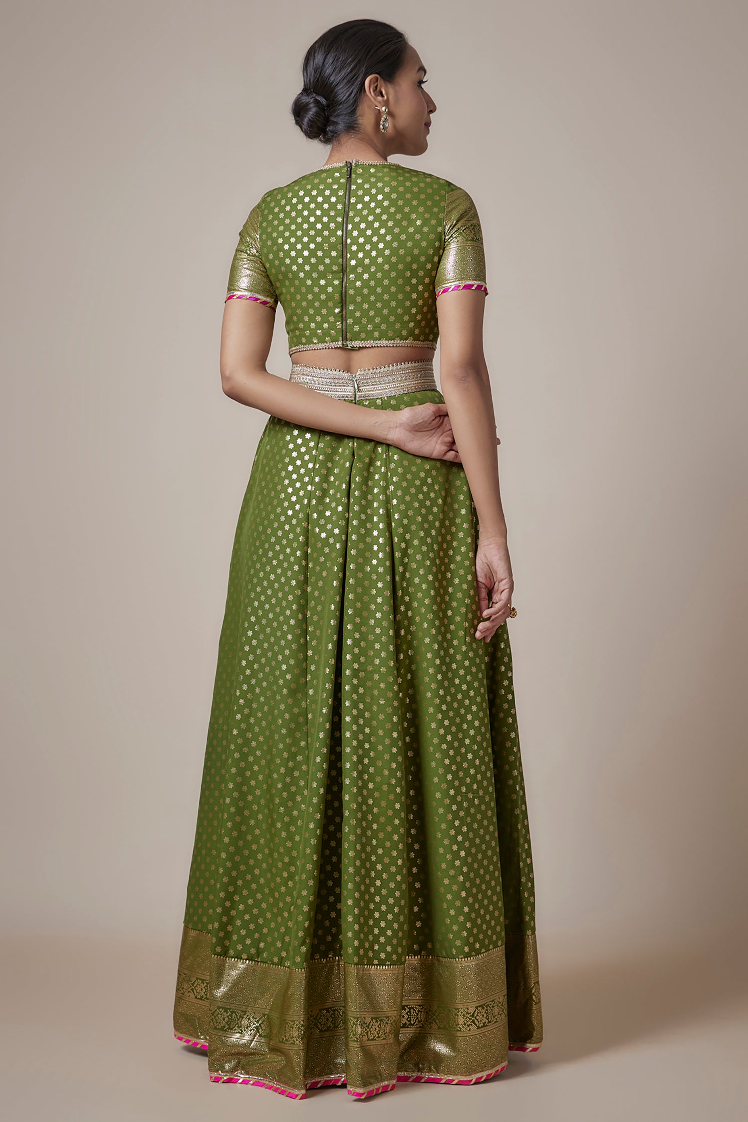 Olive Recycled Polyester Metallic Embroidered Lehenga Set