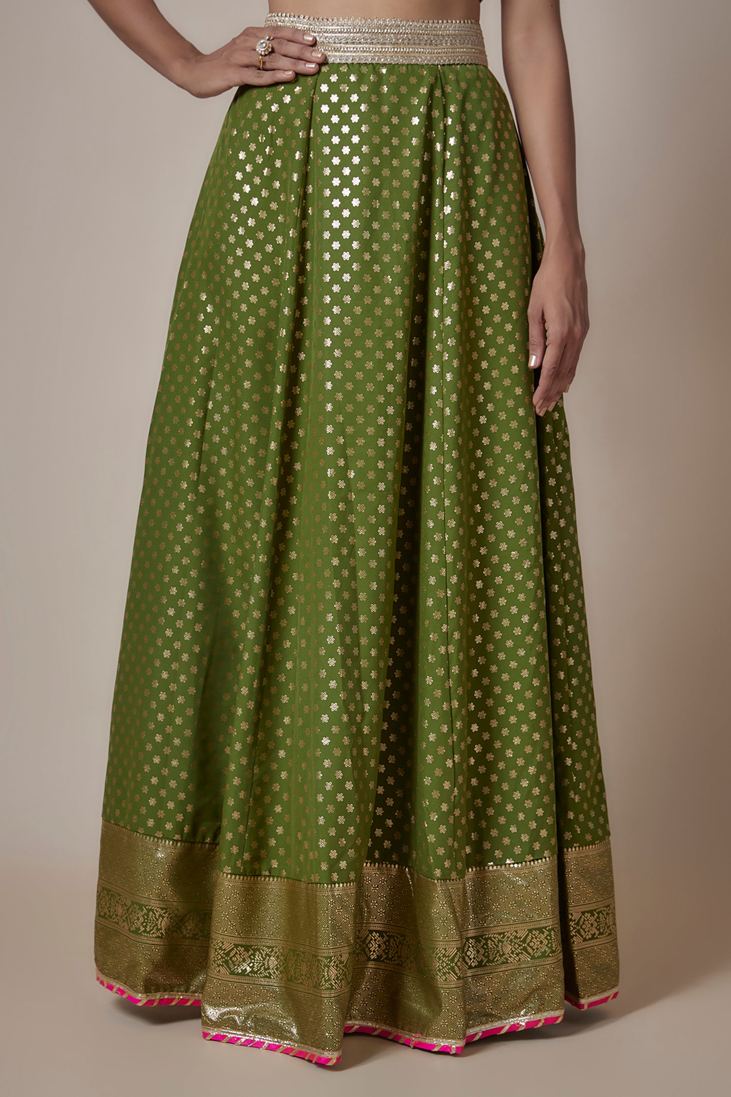 Olive Recycled Polyester Metallic Embroidered Lehenga Set