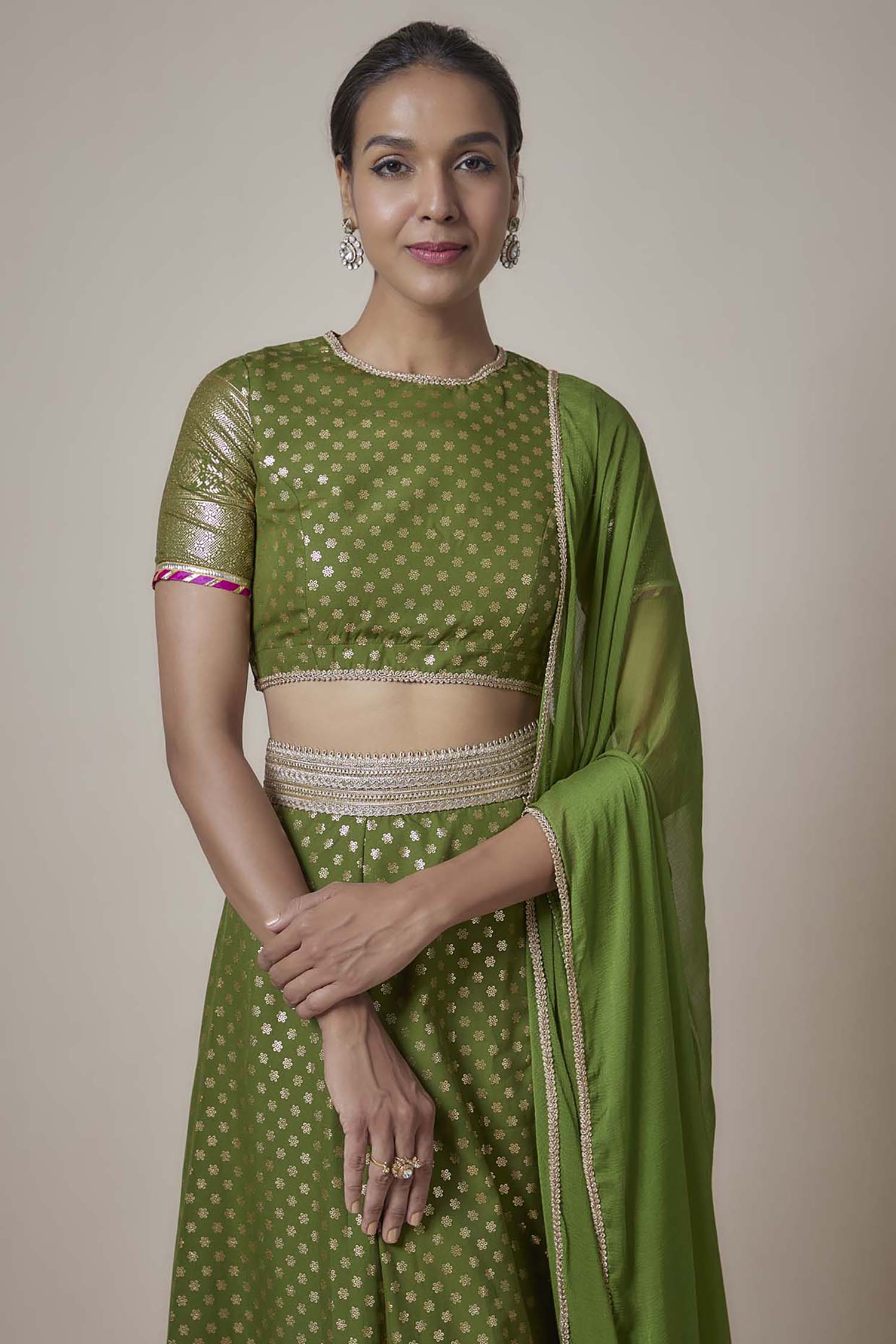 Olive Recycled Polyester Metallic Embroidered Lehenga Set