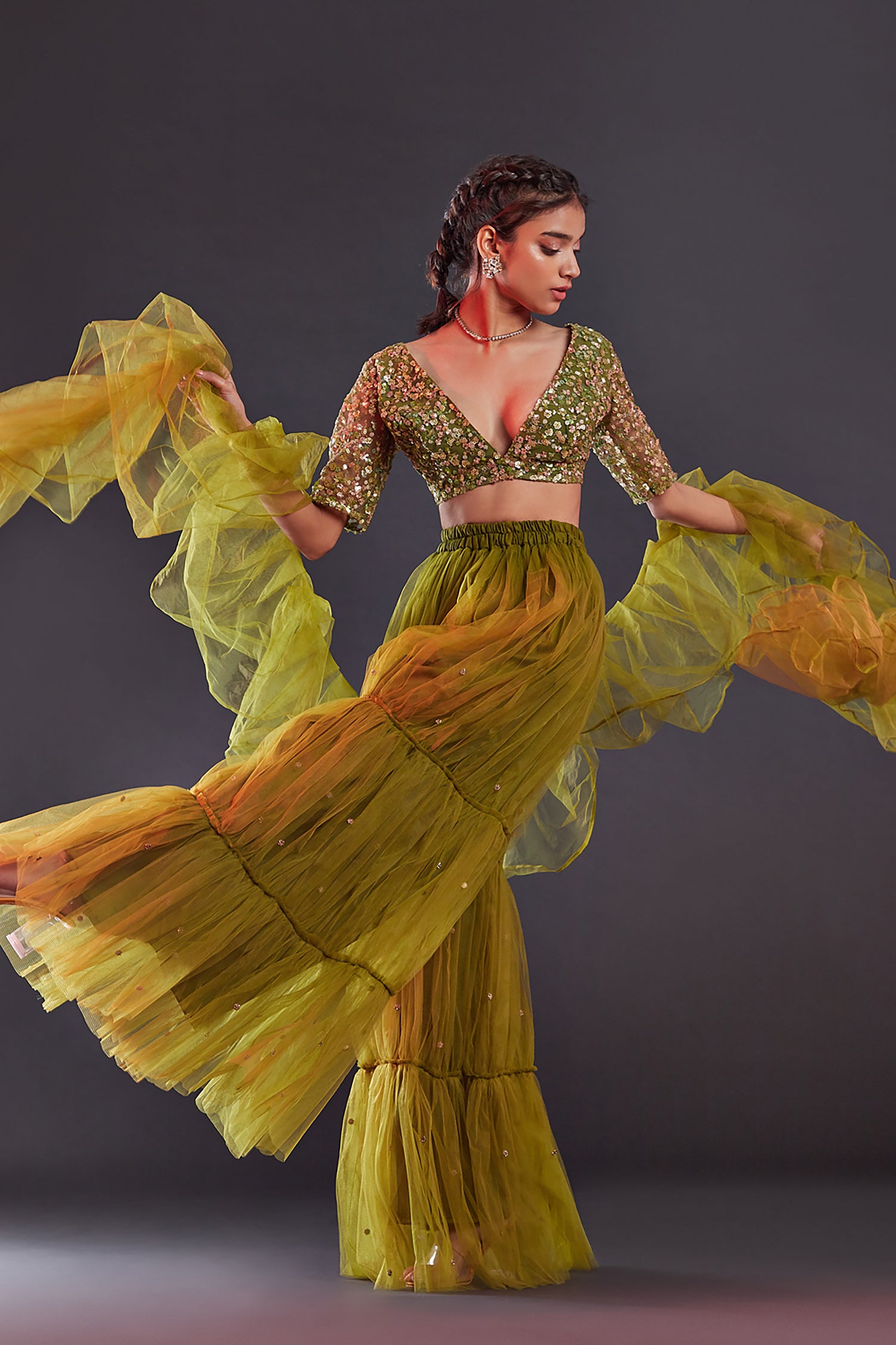 Olive Green Hand Embroidered Sharara Pants