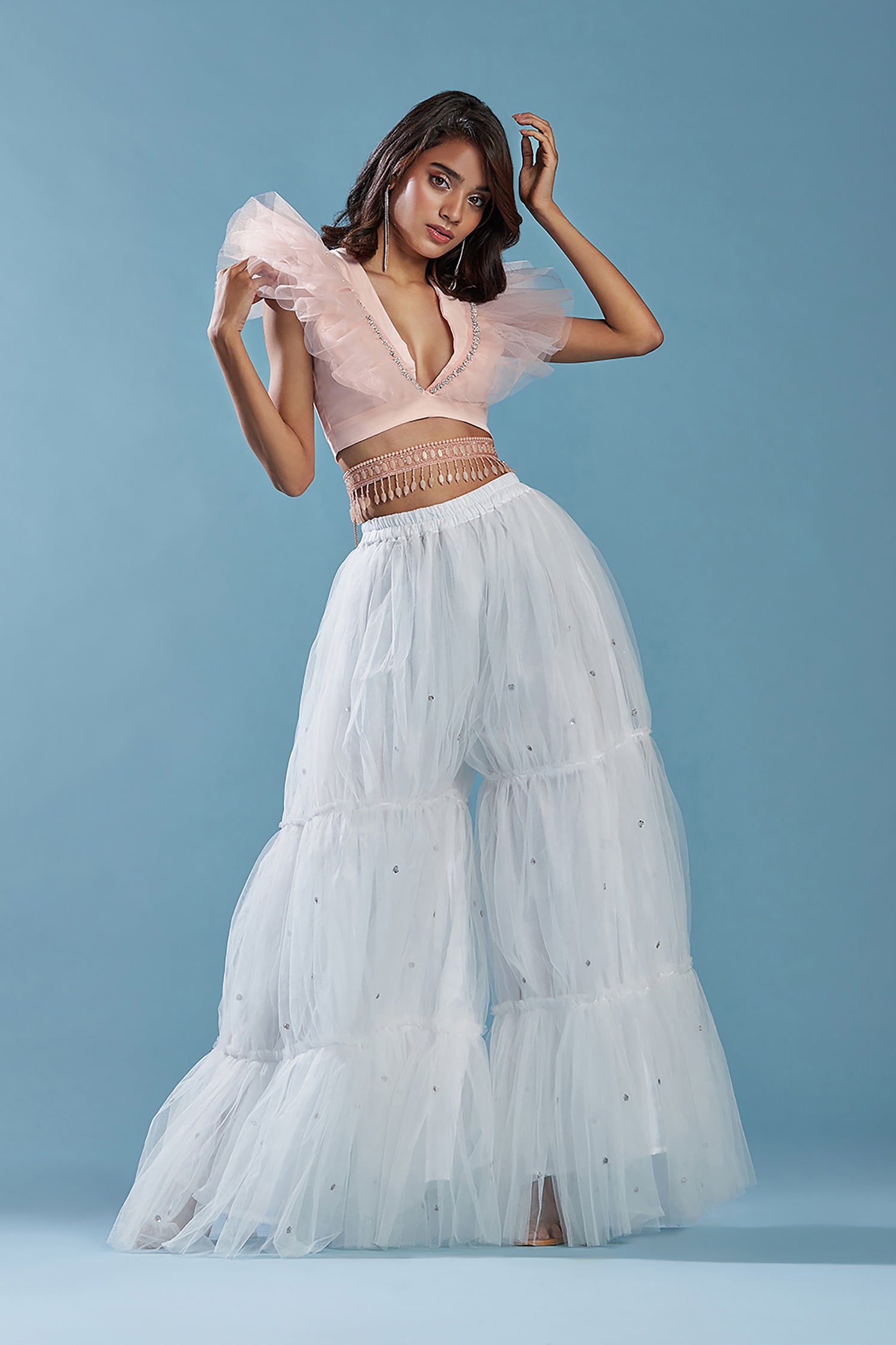 Blue Tulle Hand Embroidered Sharara Pants