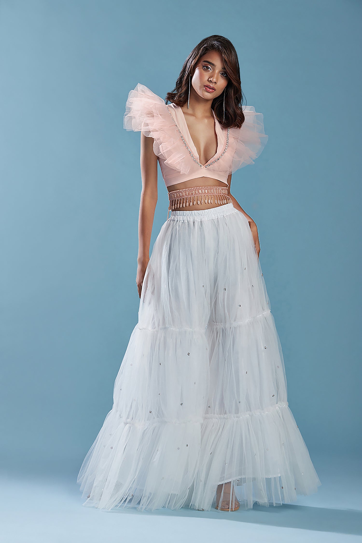 Blue Tulle Hand Embroidered Sharara Pants