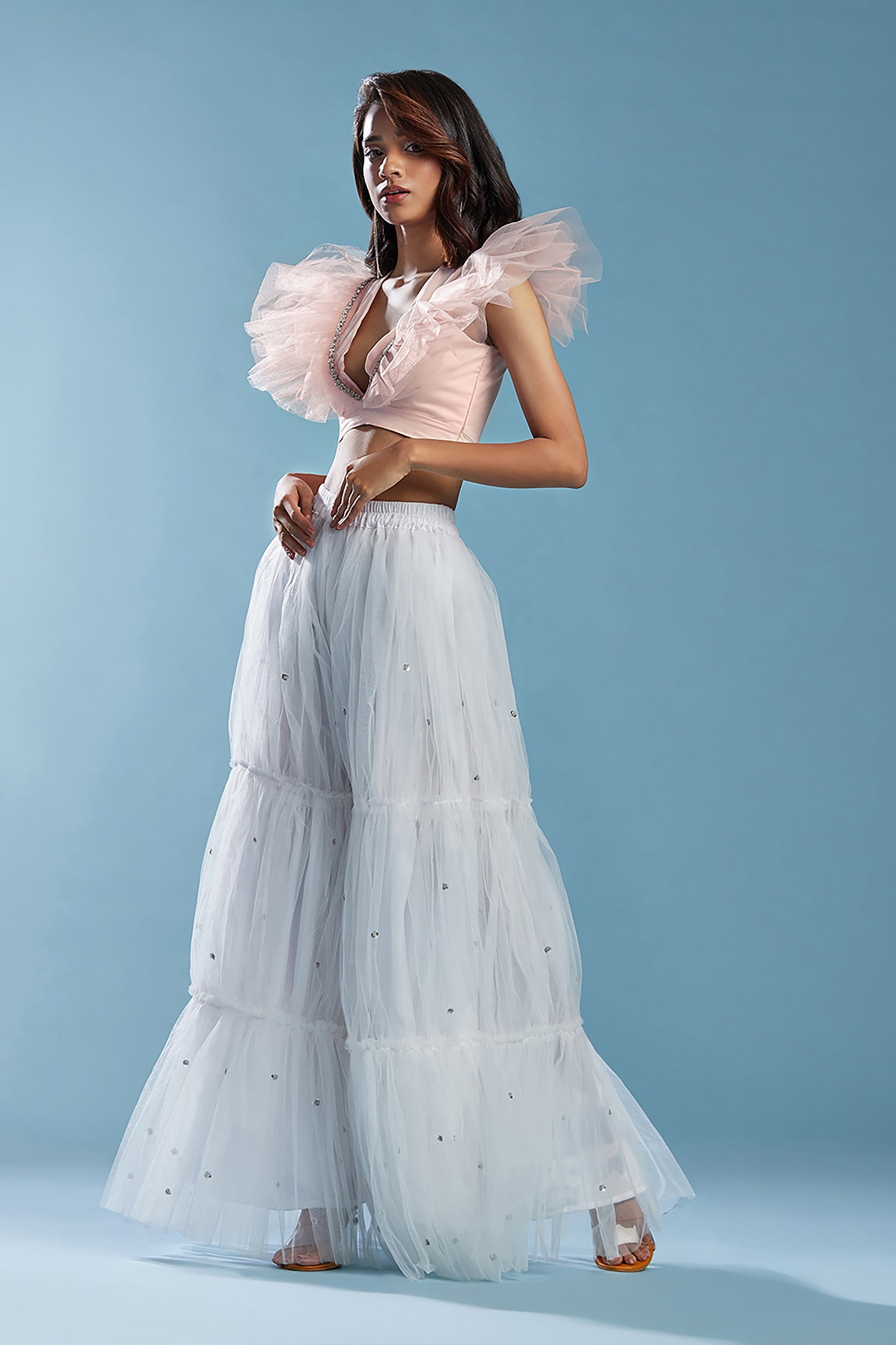 Blue Tulle Hand Embroidered Sharara Pants