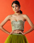 Olive Polyester Mesh Embellished Corset Top