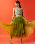 Olive Polyester Mesh Embellished Corset Top