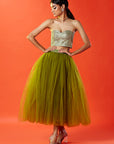 Olive Polyester Mesh Embellished Corset Top