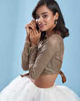 Dull Gold Polyester Mesh Embellished Crop Top