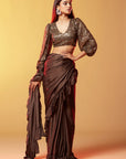Brown Polyester Mesh & Tulle Sequins Top