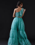 Blue Ruffled One Shoulder Crop Top