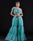 Blue Ruffled One Shoulder Crop Top