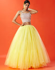 Lemon Yellow Tulle Hand Embroidered Lehenga