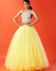 Lemon Yellow Tulle Hand Embroidered Lehenga