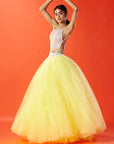 Lemon Yellow Tulle Hand Embroidered Lehenga