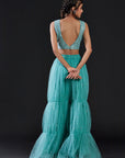 Blue Mesh & Tulle Embellished Crop Top