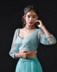 Blue Mesh & Tulle Embellished Crop Top