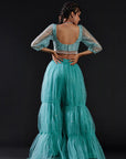Blue Mesh & Tulle Embellished Crop Top