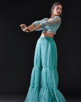 Blue Mesh & Tulle Embellished Crop Top