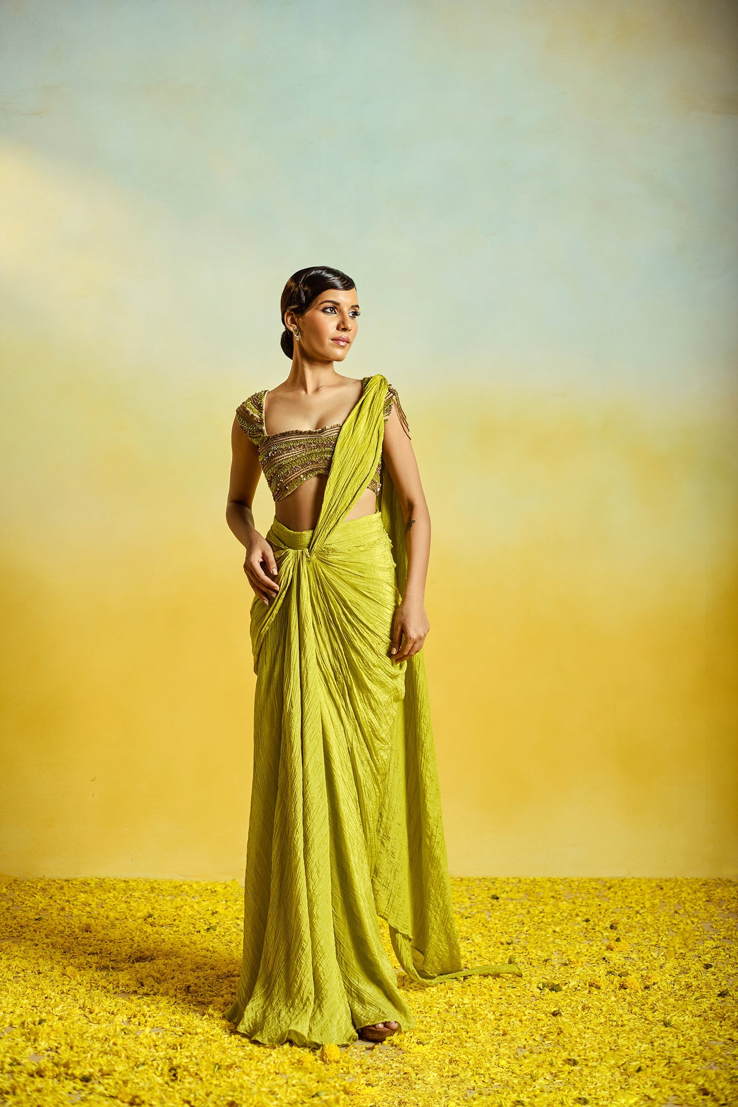Lime Green Drape Saree